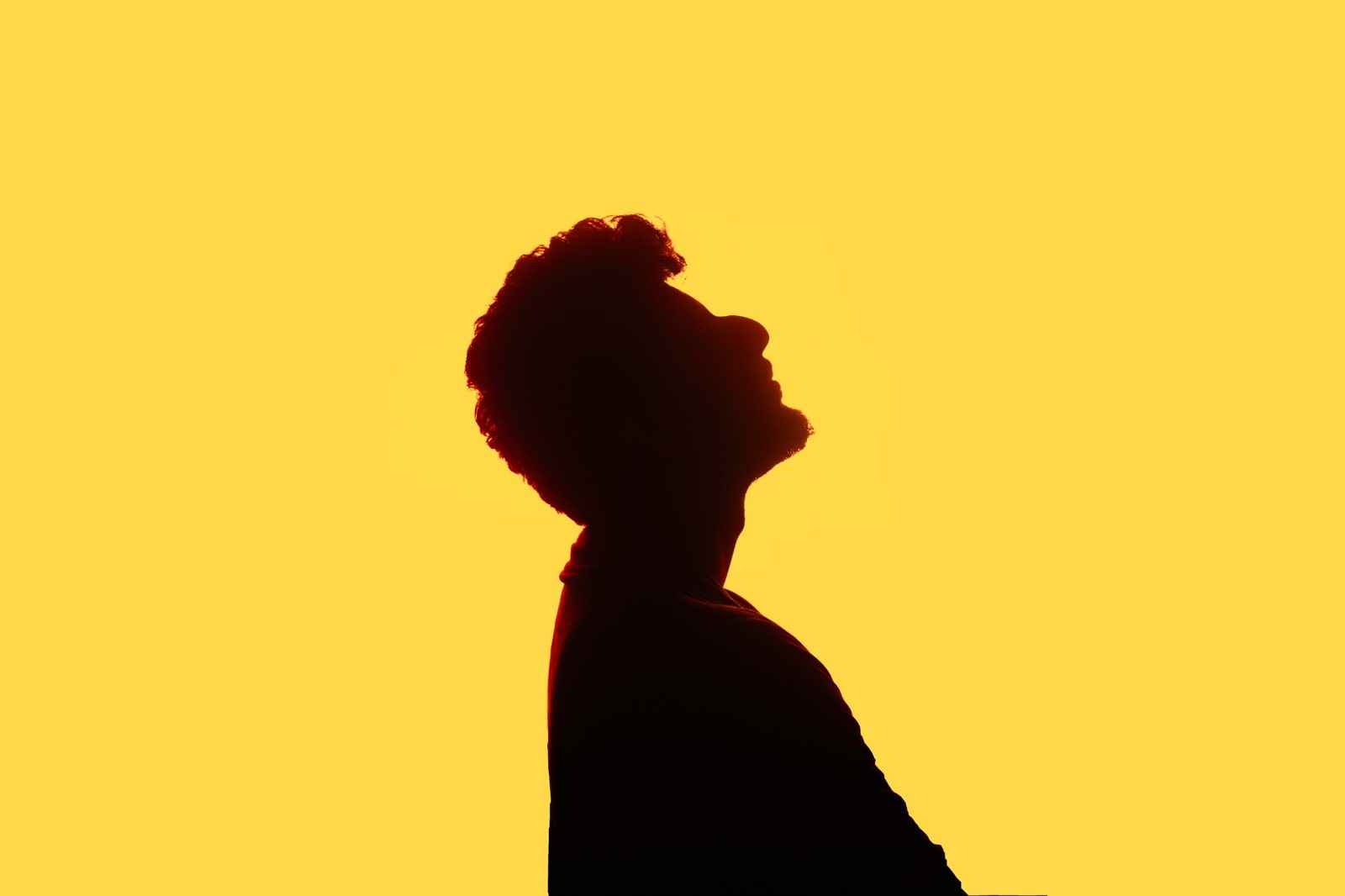 Silhouette of a person looking up against a flat yellow sky